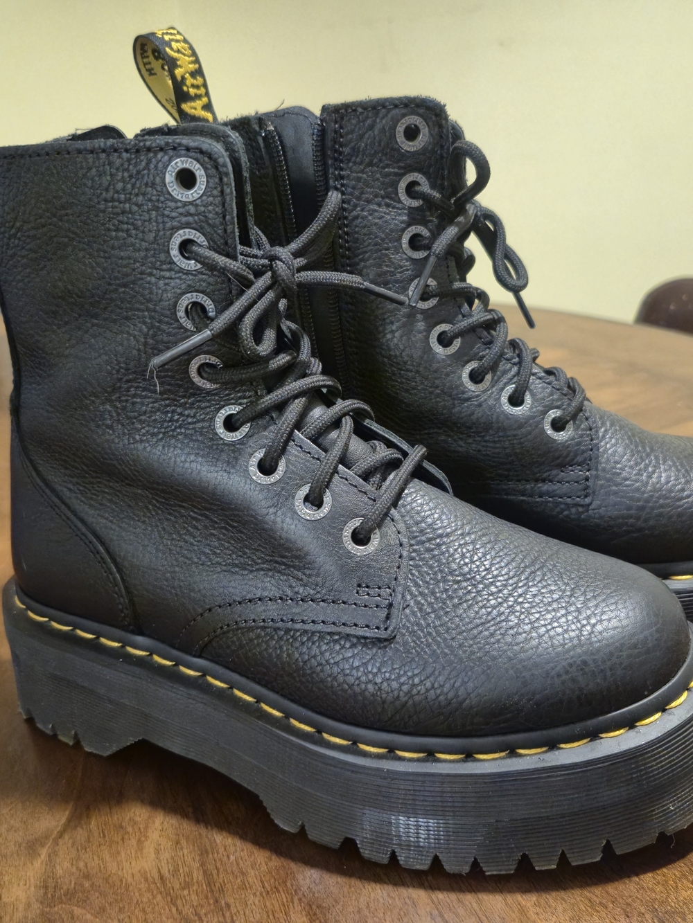 Dr. Martens Black Leather Lug Platform Lace-Up Boots with Yellow Stitching